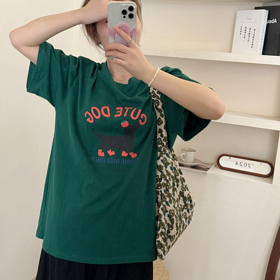 此外 印花绿色大板圆领T恤女夏季新款嘻哈风中长款休闲短袖上衣潮