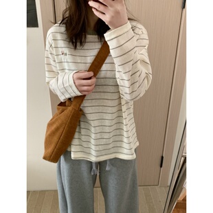 条纹撞色长袖 小衫 T恤上衣女2026春季 宽松慵懒风打底衫 新款 此外