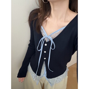 V领淑女打底衫 此外 新款 女2026春季 上衣 系带蕾丝假两件撞色针织衫