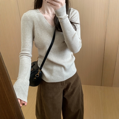 此外 V领显瘦修身针织打底衫女2025秋新款韩版百搭基础内搭毛衣