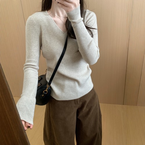 此外 V领显瘦修身针织打底衫女2025秋新款韩版百搭基础内搭毛衣