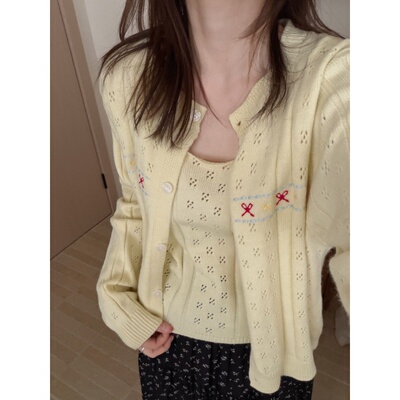 此外 刺绣花朵针织开衫两件套女2026春季新款气质毛衣懒人套装潮