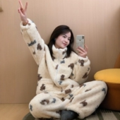 新款 此外小熊立领珊瑚绒家居服套装 女2025冬季 加厚可爱法兰绒睡衣