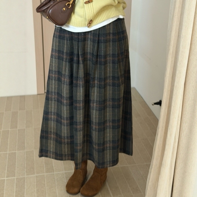 此外复古格子松紧腰半身裙女