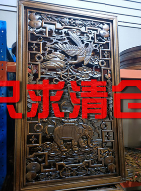 东阳木雕香樟木办公室客厅挂件雕花板隔断电视背景墙雕刻现货定制