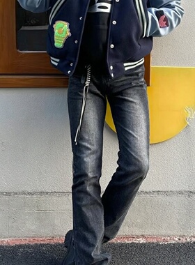 25新款微喇耐磨牛仔裤男黑灰色水洗美式高街cleanfit百搭休闲长裤