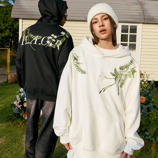 harshandcruel新中式潮牌花卉花环刺绣文字廓形情侣连帽微绒卫衣