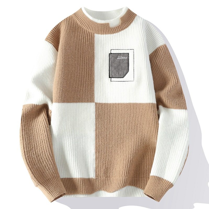 25年秋冬季新款半高领毛衣男款加厚套头衫潮牌撞色拼接针织衫上衣