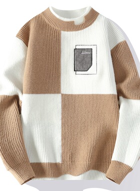 25年秋冬季新款半高领毛衣男款加厚套头衫潮牌撞色拼接针织衫上衣