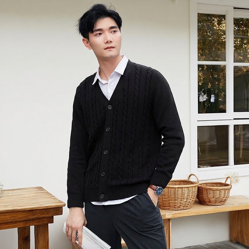 2026春秋新款男士纯棉毛衣针织纽扣开衫纽花条纹休闲v领加厚外套
