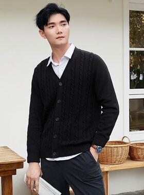 2026春秋新款男士纯棉毛衣针织纽扣开衫纽花条纹休闲v领加厚外套