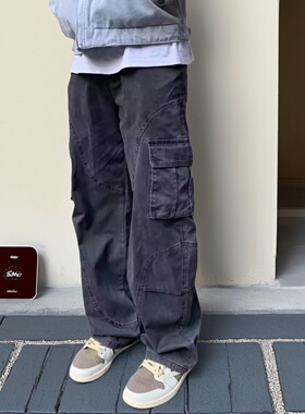 美式复古直筒阔腿裤多口袋工装裤男女潮牌春秋休闲宽松百搭牛仔裤