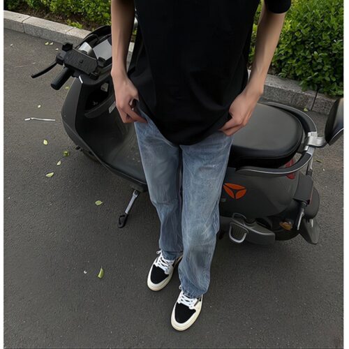 美式复古闪电竹节纹微喇牛仔裤