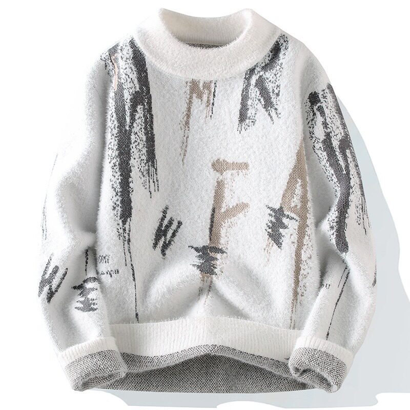 秋冬男士半高领毛衣经典简约字母图案百搭保暖针织衫内搭打底衫