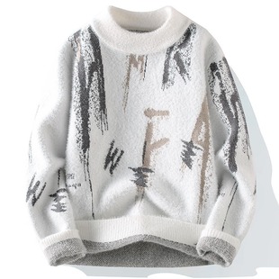 秋冬男士半高领毛衣经典简约字母图案百搭保暖针织衫内搭打底衫