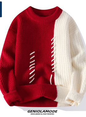 GENIOLAMODE圆领新年氛围感红色本命蛇年春节毛衣男士2026新款潮