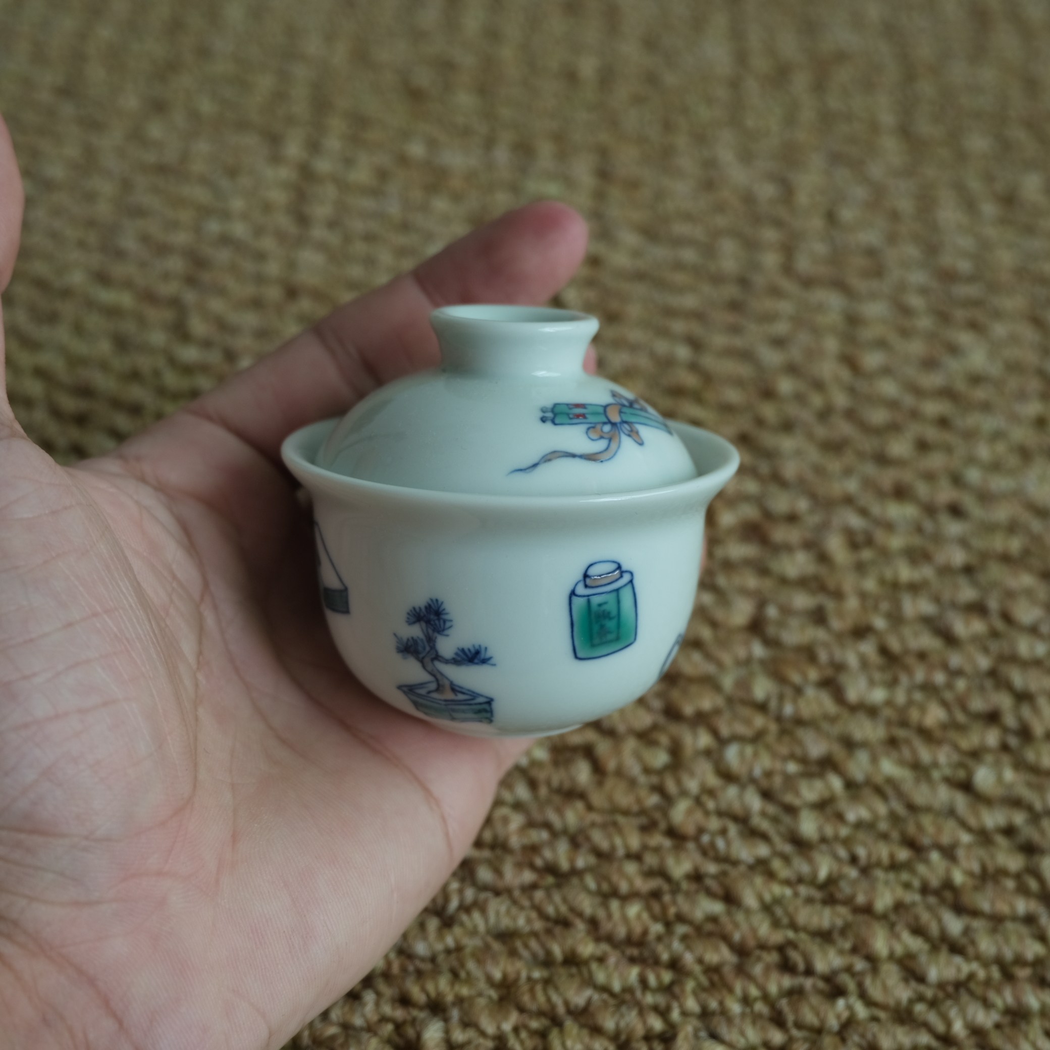 小青茶事 景德镇清供图迷你小盖碗 手工手绘文房器宝精致复古50cc