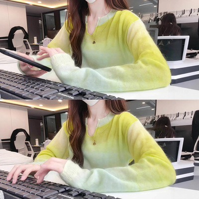 草绿色渐变针织衫T恤女2025夏日莫兰迪色穿搭多巴胺独特绝美上衣