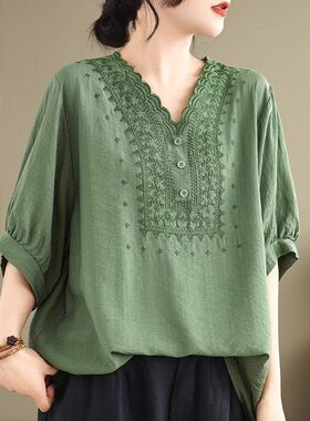 文艺感大码棉麻T恤女装夏季新款复古宽松七分袖上衣妈妈夏装