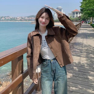 美拉德麂皮绒外套女短款春秋新款复古宽松小个子薄款夹克上衣