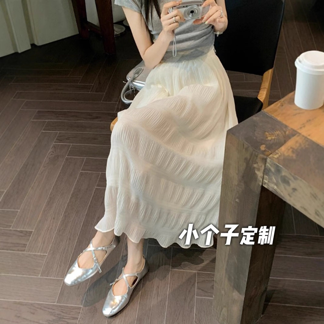 150小矮个子褶皱雪纺仙女半身裙女高级感不规则高腰a字蛋糕中长裙