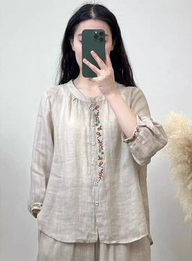 棉麻衬衫女圆领刺绣休闲百搭宽松显瘦2025夏季新款透气长袖衬衣女