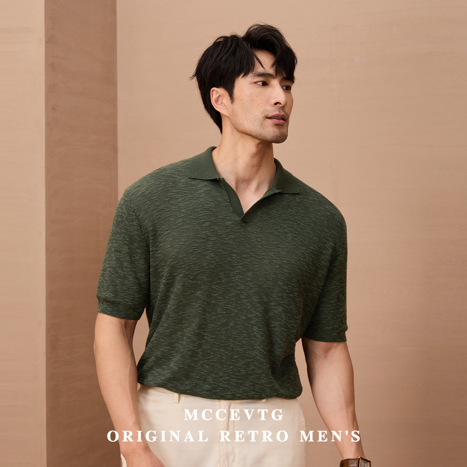 MCCEVTG竹节棉V领复古针织POLO衫