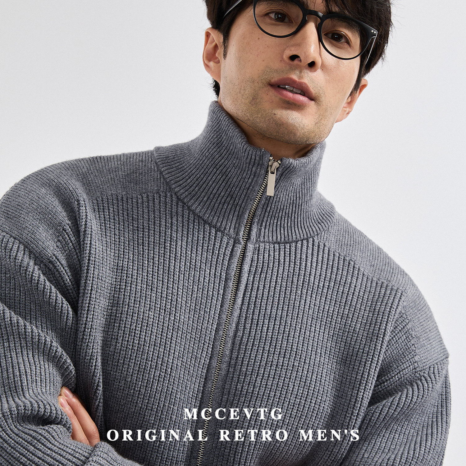 MCCEVTG美式高领拉链毛衣外套男士休闲纯色青年保暖针织开衫秋冬