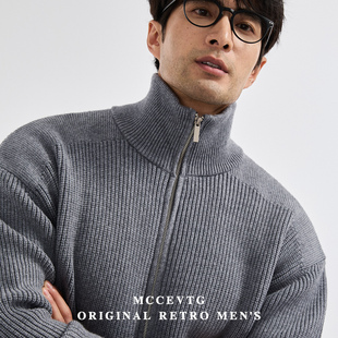 秋冬 休闲纯色青年保暖针织开衫 MCCEVTG美式 高领拉链毛衣外套男士