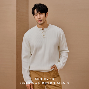 男士 重磅加厚针织衫 休闲亨利领宽松条纹毛衣春秋 复古 MCCEVTG美式