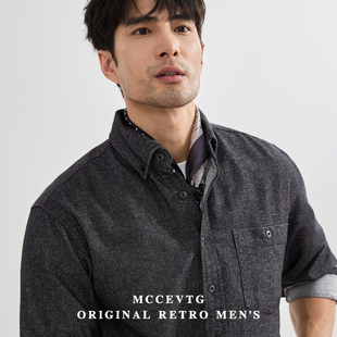 口袋青年通勤衬衣春秋 复古工装 MCCEVTG法兰绒纯色休闲衬衫 男长袖