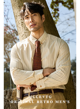 MCCEVTG复古绅士 美式衬衫男提花竖条纹休闲纯棉青年时尚通勤上衣