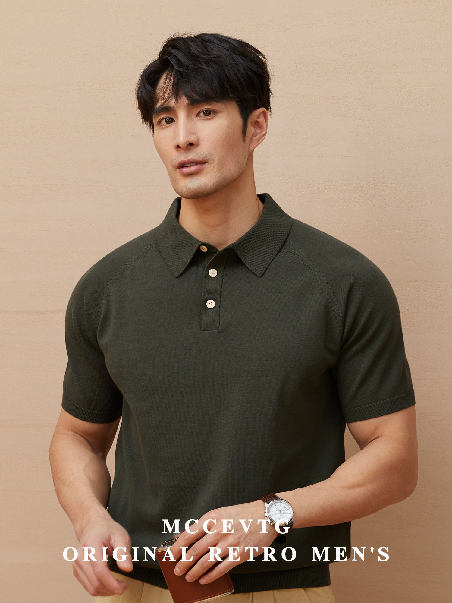 MCCEVTG HIGH TWIST COTTON KNIT POLO SHIRT SHORT SLEEVE AMERICAN VINTAGE RAGLAN SLEEVE CASUAL SOLID COLOR LAPEL T-SHIRT MEN