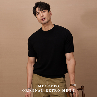 羊毛商务休闲纯色复古针织衫 男士 T恤春秋 通勤圆领短袖 MCCEVTG意式
