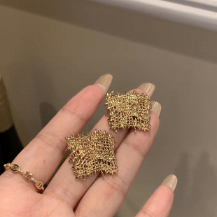 925银针金色几何镂空网状耳环气质个性 小众设计欧美风夸张耳饰女