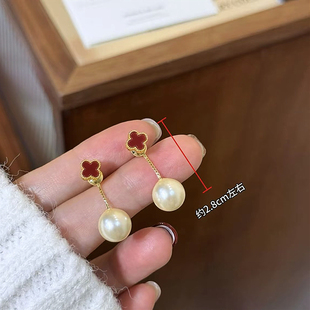 925银针金边红色幸运草耳钉香槟色珍珠流苏耳环轻奢时尚复古轻奢