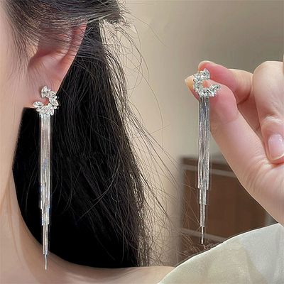 925银针锆石蛇骨长款流苏耳环气质高级感冷淡风简约轻奢设计时尚