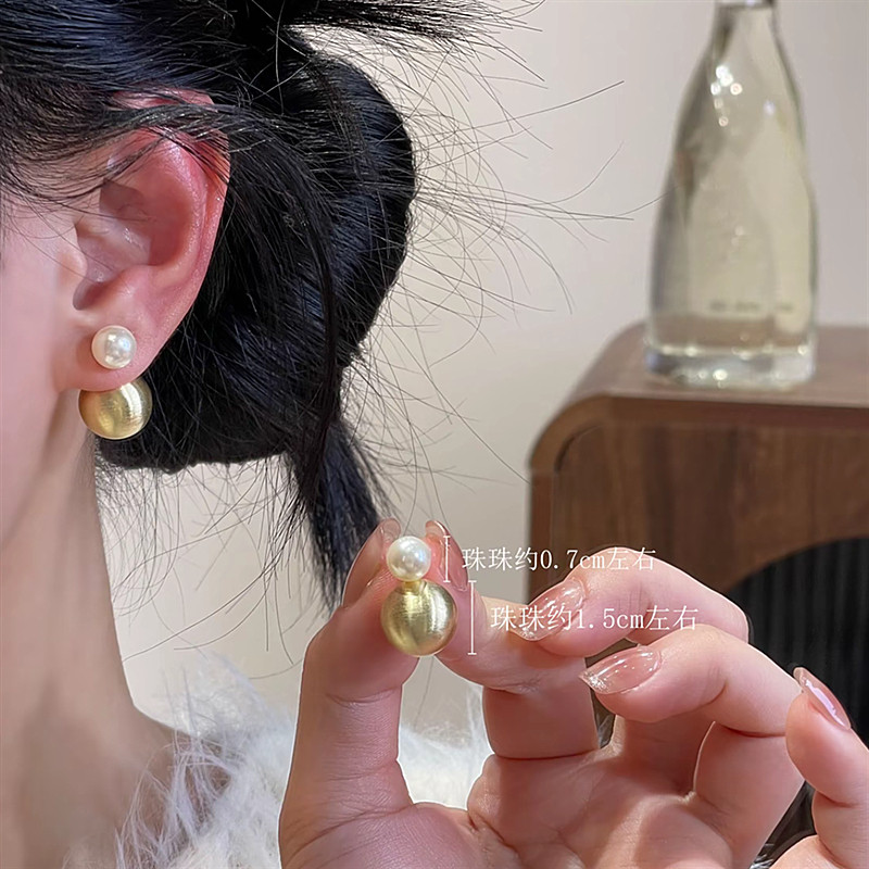 新款925银针洋气金色磨砂后挂式圆球耳环优雅气质简约时尚单品女
