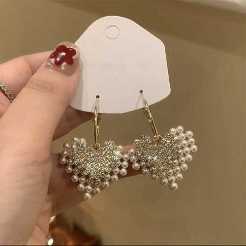 925银针法式双层锆石珍珠爱心耳坠个性轻奢气质网红设计感耳环女