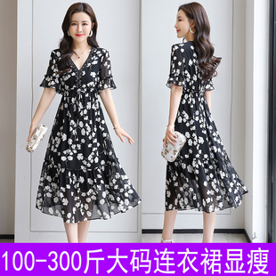 碎花胖mm遮肚子连衣裙女雪纺300斤加肥加大胖妹妹200斤夏装时尚款