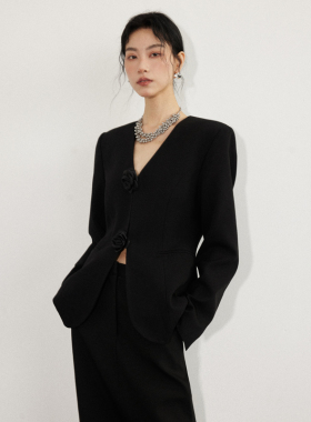 LIONCAT/设计感小众黑玫瑰花朵暗扣长袖V领黑色西服外套女士西装