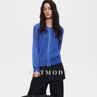 透气圆领单排扣长袖 薄款 上衣 女 LION&CAT撞色明线针织开衫