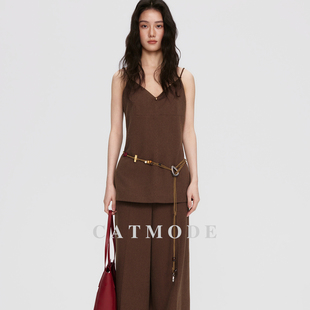 领吊带阔腿裤 2026 设计感小众 两件套 SS老钱风咖色麻感吊带套装