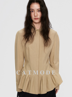 LION&CAT 原创设计感卡其色收腰荷叶边衬衫 通勤百搭