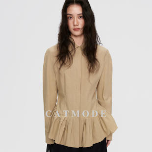 LION&CAT 通勤百搭 原创设计感卡其色收腰荷叶边衬衫