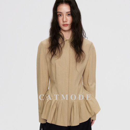 LION&CAT卡其收腰荷叶边衬衫