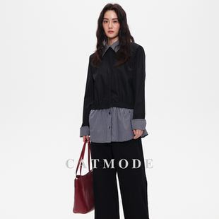 通勤小众设计感上衣 收腰显瘦长袖 LION&CAT假两件格纹拼接衬衫 女