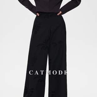 LION&CAT东方雅致绣花直筒裤 黑白两色高腰垂感长裤