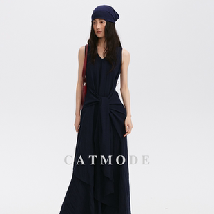 新款 莱赛尔纤维2026年夏季 系带褶皱连衣裙 LION&CAT休闲V领无袖