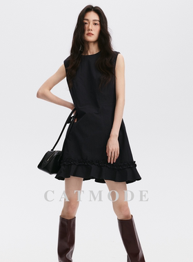 LION&CAT黑色无袖双层荷叶边连衣裙短款荷叶边显瘦 A 字裙女
